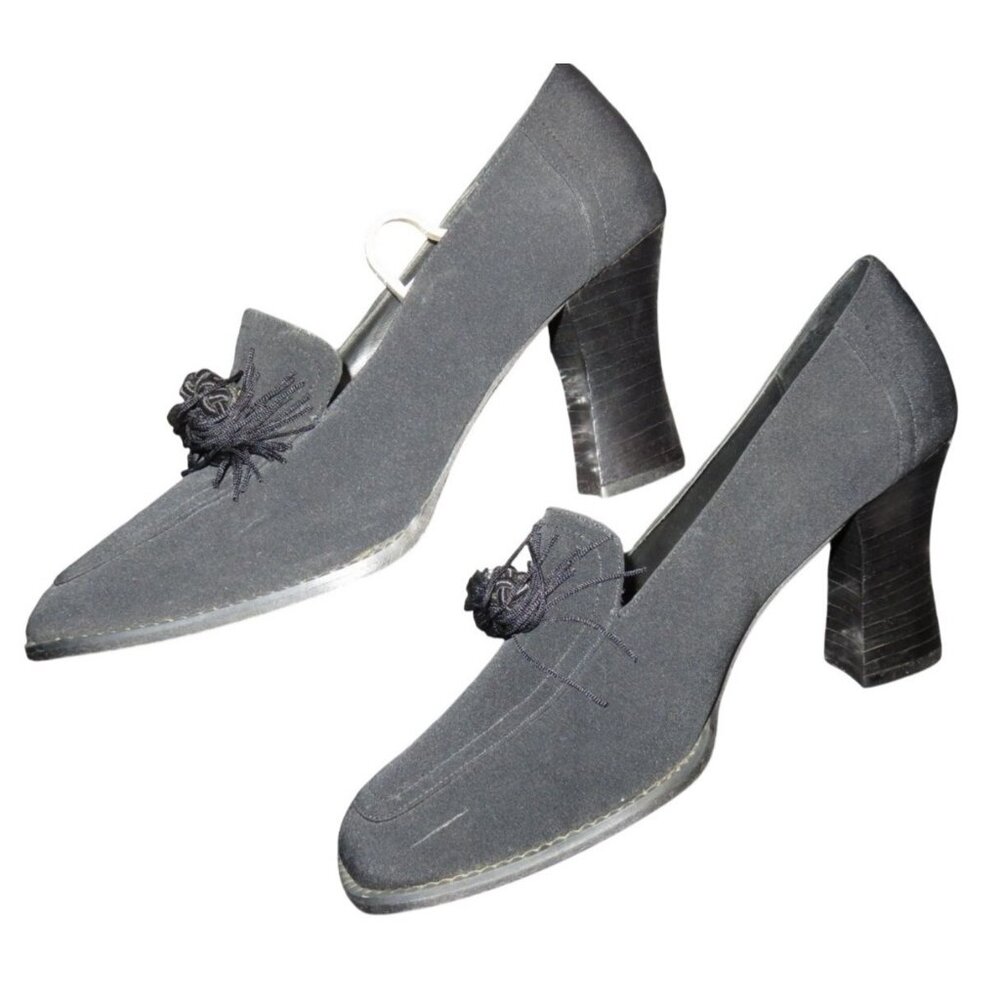 Vittorio Ricci Black Italian Suede Leather Tassel Embellished Chunky Pumps